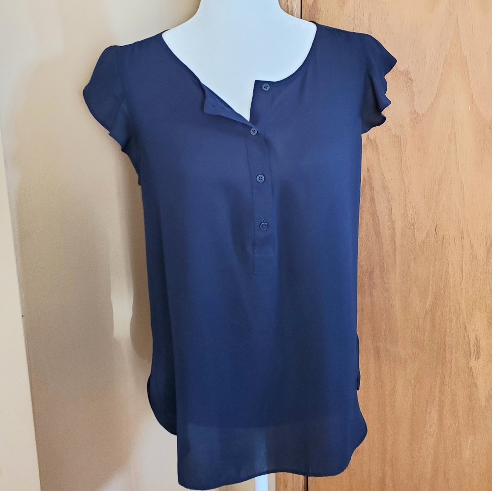 LOFT Navy Flutter Sleeve Chiffon Blouse Sz. M